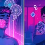 Young man overwhelmed by anxious thoughts, triggered by social media, work stress, and financial worries.