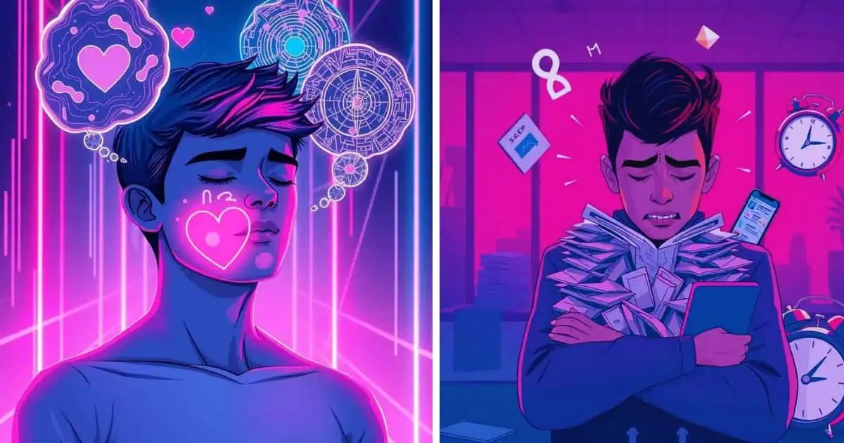 Young man overwhelmed by anxious thoughts, triggered by social media, work stress, and financial worries.