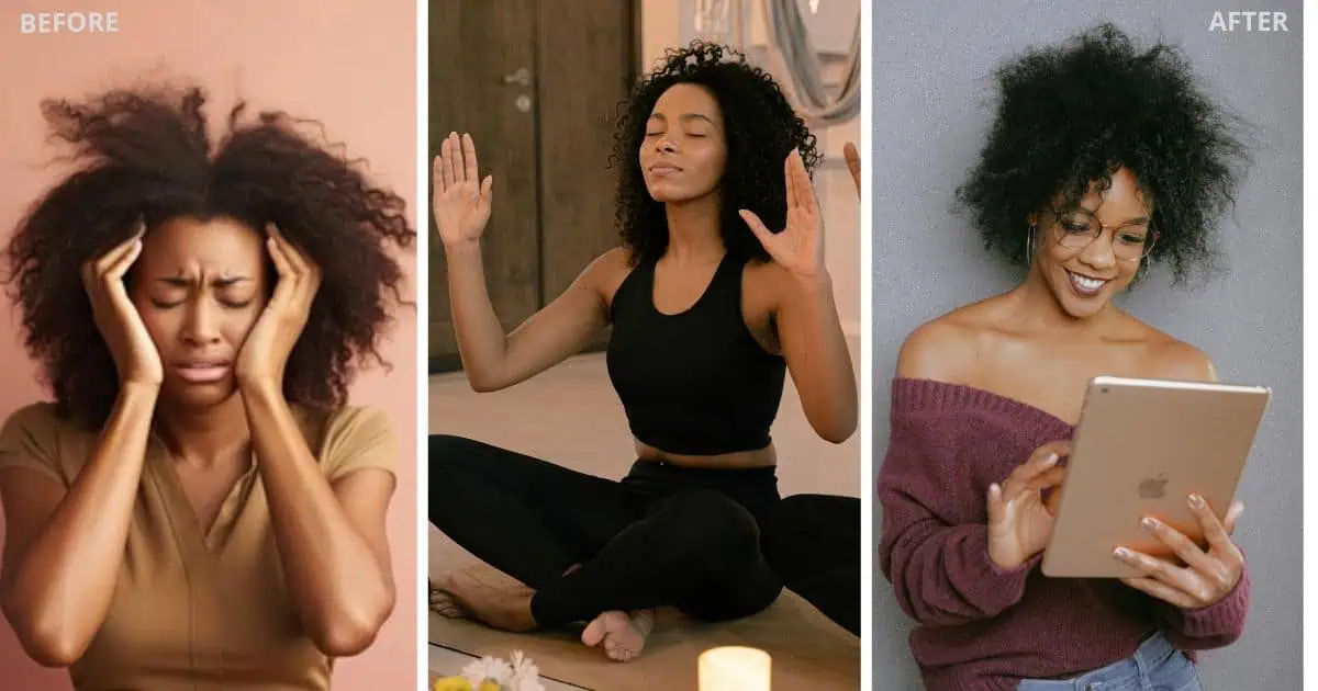 “The three stages of an anxious woman: first, she feels overwhelmed by stress; second, she begins meditating; and finally, she finds herself calm and stress-free.”